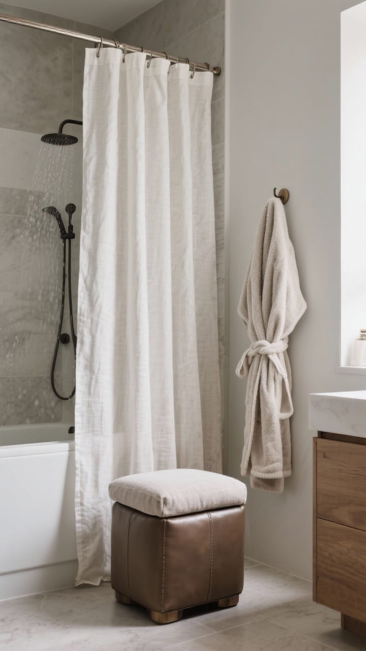 Photorealistic medium shot highlighting soft textiles beyond towels: a wipeable faux-leather stool with fabric-topped bench outside splash zones, a linen-blend shower curtain with a fresh liner hanging smoothly, and a plush robe on a hook by the shower; cozy winter palette, tactile softness emphasized.