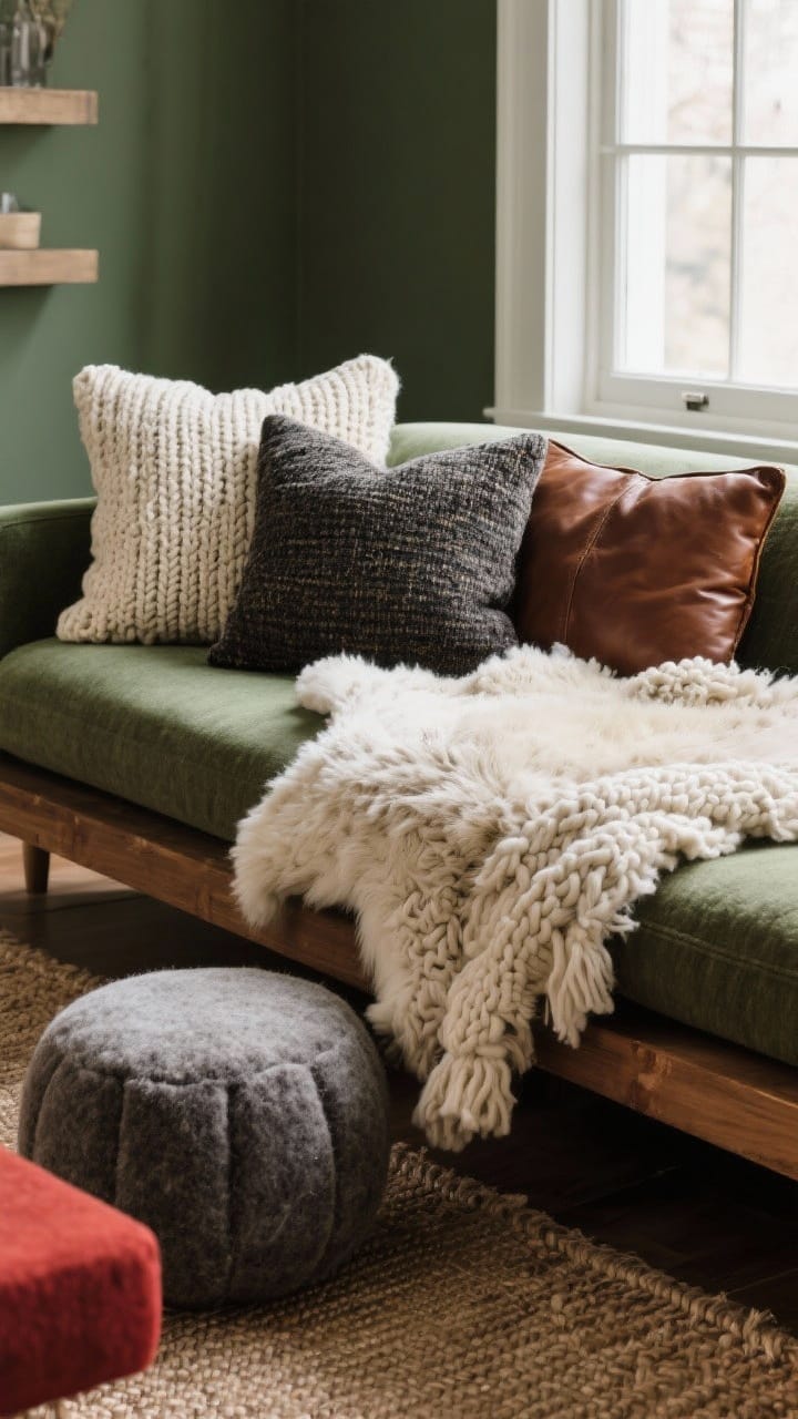 Detail closeup: layered winter textures on a sofa, chunky knit throw in cream, tweed pillow in charcoal, rich brown leather cushion, with a sheepskin rug casually draped over a nearby bench edge; felted wool pouf on a jute rug; tight color palette of neutrals, forest green, and deep red accents; soft natural window light emphasizing fibers, shallow depth of field.