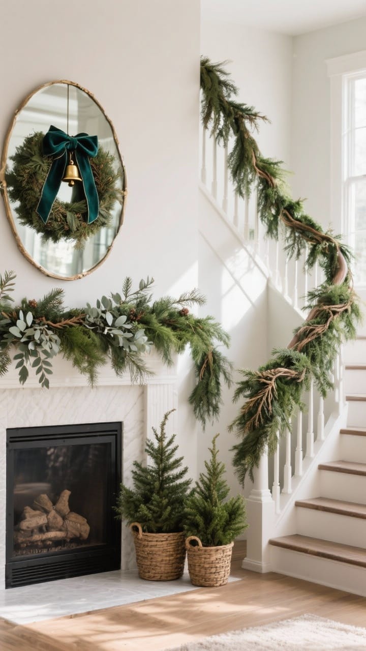 Medium mantel and stair corner: evergreen focus, cedar and pine garlands draped over a mantel and along a stair rail, with a pair of mini potted firs in crocks and baskets on the floor; a wreath on a mirror layered with velvet ribbon and small brass bells; mixed eucalyptus woven into cedar for softer color and texture; natural daylight with soft shadows, angled composition.