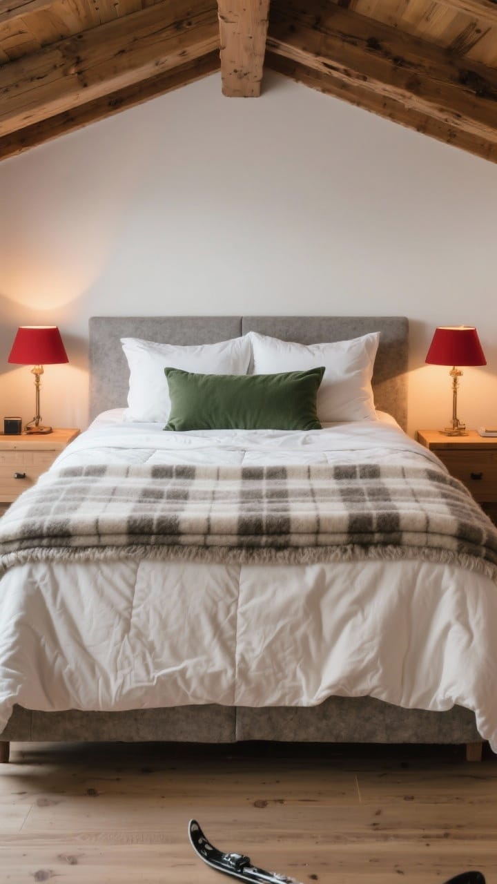 Wide bedroom shot: ski-chalet bed layering, ivory flannel sheets, a stone-colored wool or faux-fur blanket folded mid-layer, a quilt/duvet in neutral plaid at the foot, topped with a long lumbar pillow and two euro shams; palette of ivory, stone, and forest green with a refined hit of red; warm bedside lamp glow like an alpine retreat, straight-on view of the bed.