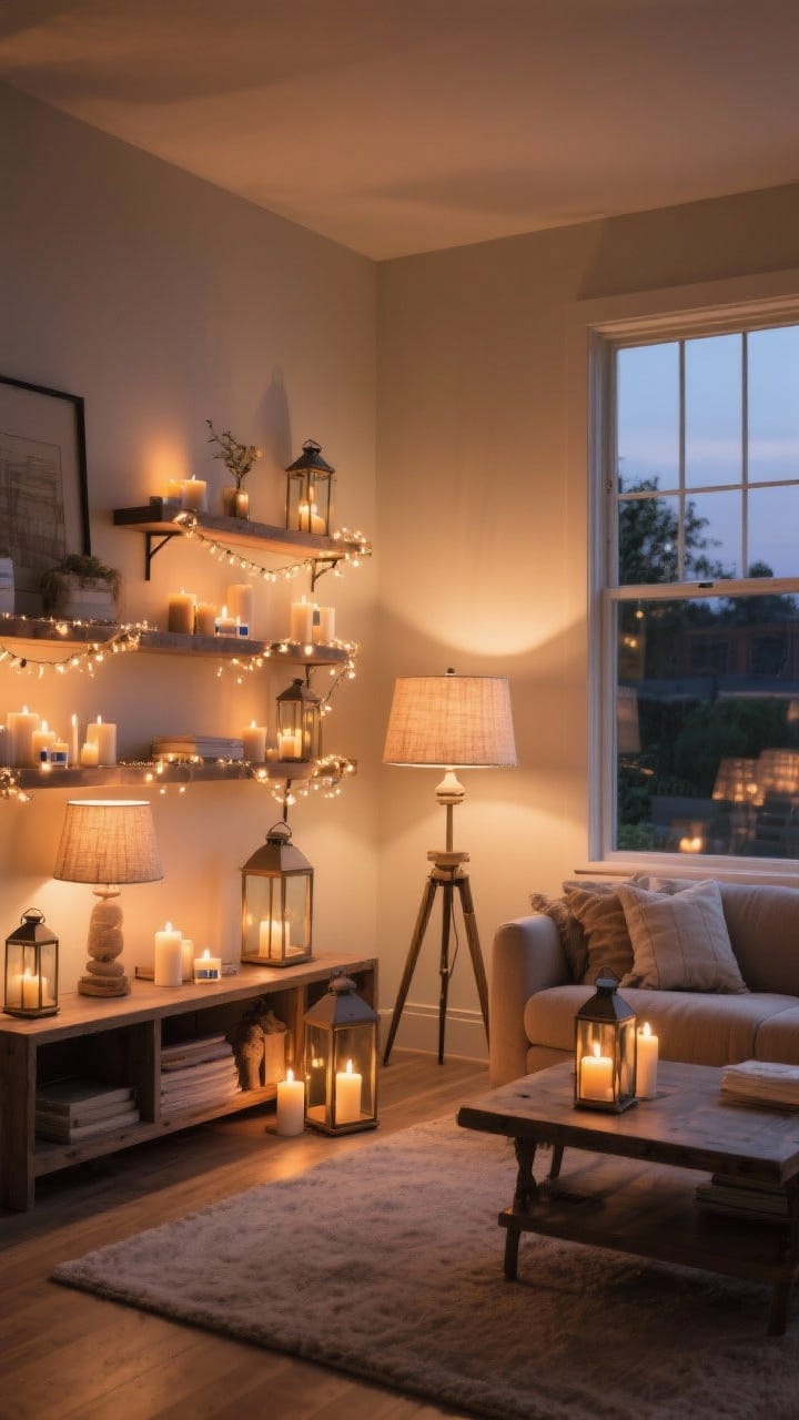 Wide living area at dusk: layered warm lighting, table and floor lamps with linen or burlap shades casting soft diffusion, battery candles on timers glowing on shelves and console, string lights tucked inside lanterns and along a window; all bulbs set to 2700K warm white; overall glowy, cozy, slightly romantic ambiance; corner perspective.
