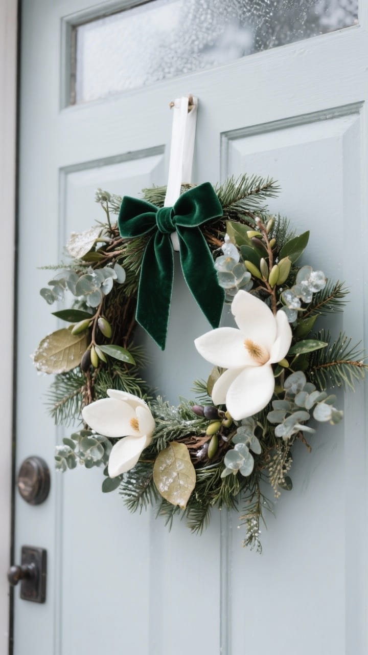 Photorealistic closeup of a winter wreath that feels seasonal beyond December: a full wreath made of cedar and magnolia leaves with touches of olive branches and eucalyptus, finished with a winter white velvet ribbon (alternate: forest green velvet), hanging on a painted front door; crisp detail of leaves and textures, subtle condensation on the glass sidelight, soft overcast daylight, tight frontal crop