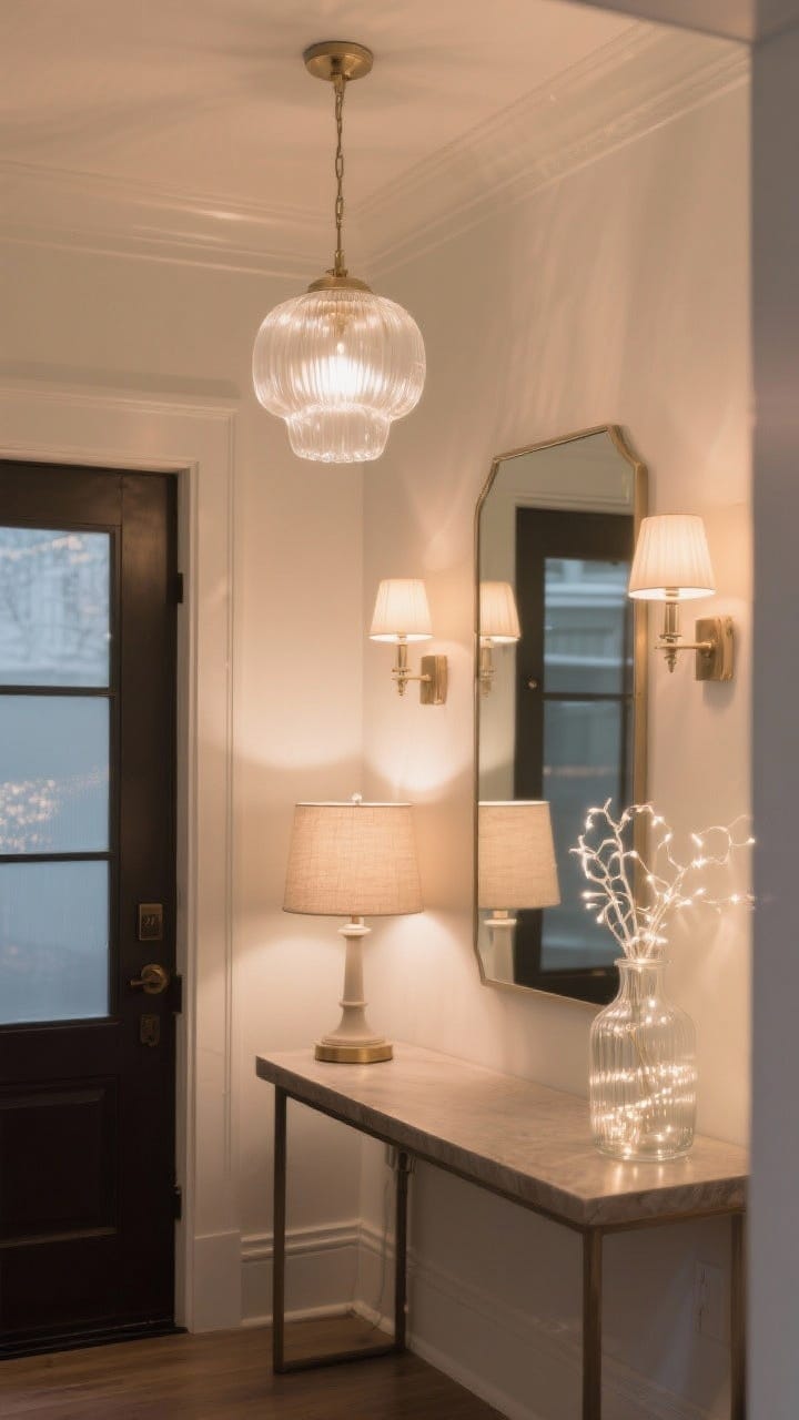 Photorealistic wide shot of an entryway showcasing layered warm lighting: a frosted glass pendant centered overhead diffusing a soft glow, a small table lamp with a linen shade on a console, paired wall sconces near a mirror, and warm white LED fairy lights coiled in a clear glass vase on the console; balanced, glare-free illumination with warm color temperature, neutral winter palette, subtle reflections, straight-on view capturing the whole lighting composition