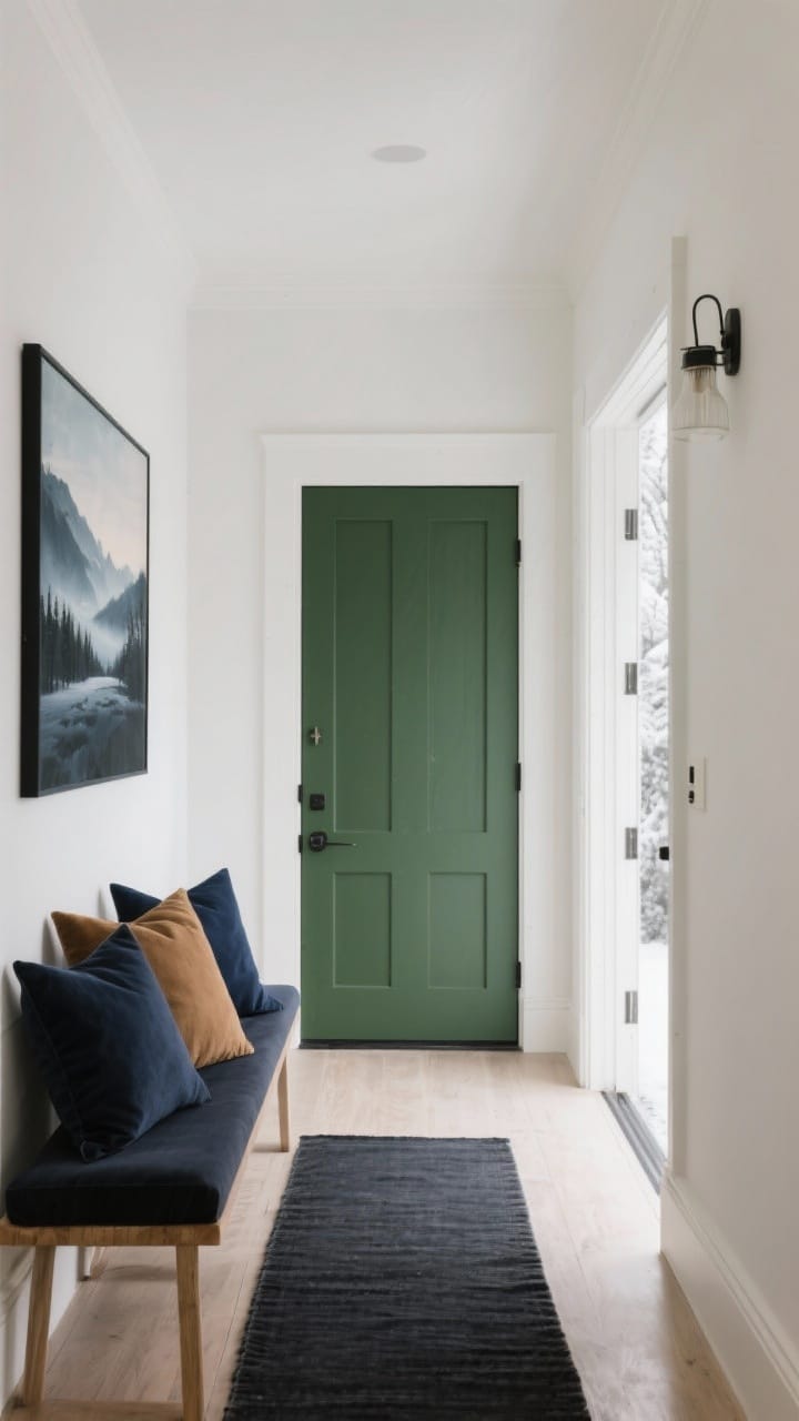 Photorealistic wide shot of an entryway showcasing a soft winter palette: forest green accent on a door or artwork, deep navy and camel textiles on bench pillows, charcoal runner, and creamy white walls; artwork switched to moody landscapes; cohesive, calm color story without feeling cold; gentle natural daylight with slight warmth, straight-on view capturing palette harmony