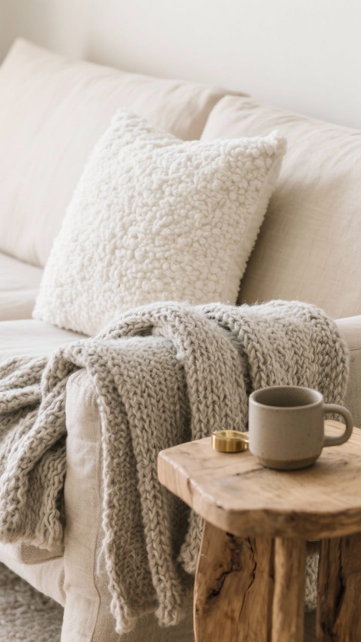 Detail closeup of layered textures in a neutral palette: a white boucle pillow on a light flax linen sofa, a heathered wool throw folded over the arm, raw oak side table with a matte ceramic cup, soft natural light.