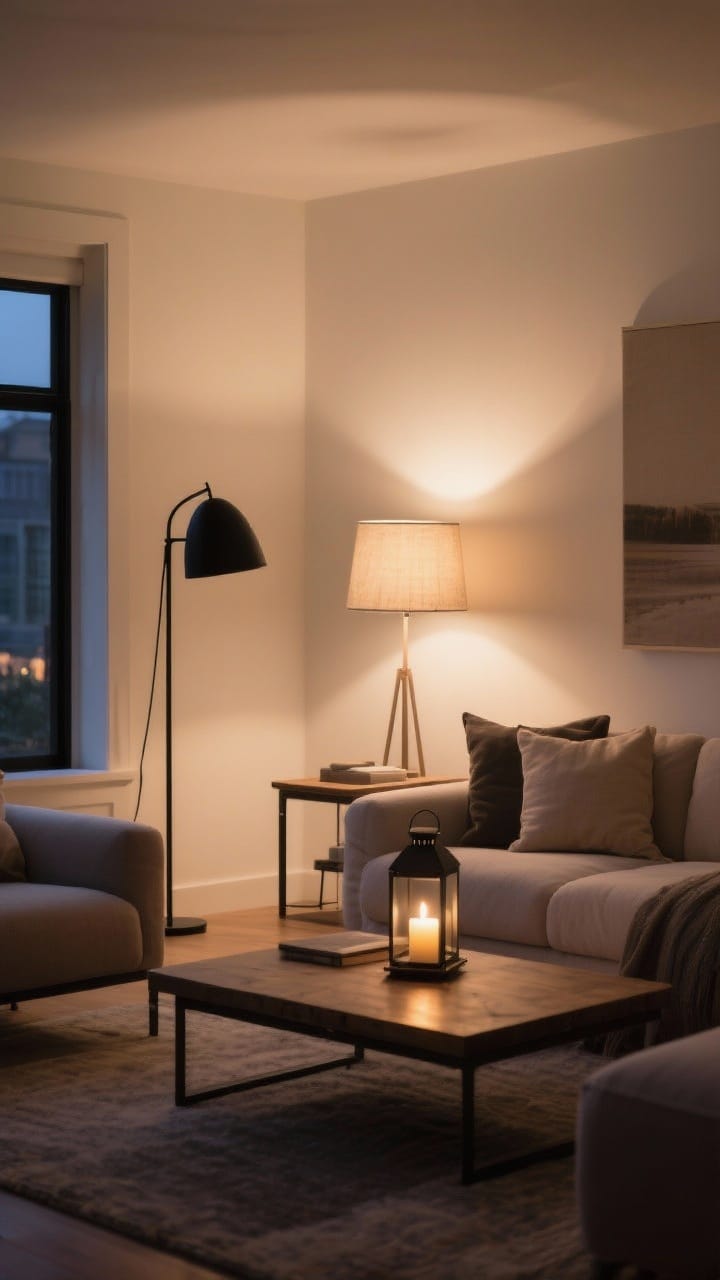 Evening wide shot of a living room with a curated soft-glow lighting plan: warm white bulbs in a matte black floor lamp and a small linen-shade table lamp, a single lantern with a battery candle, warm pools of light, neutral palette, cozy yet uncluttered.