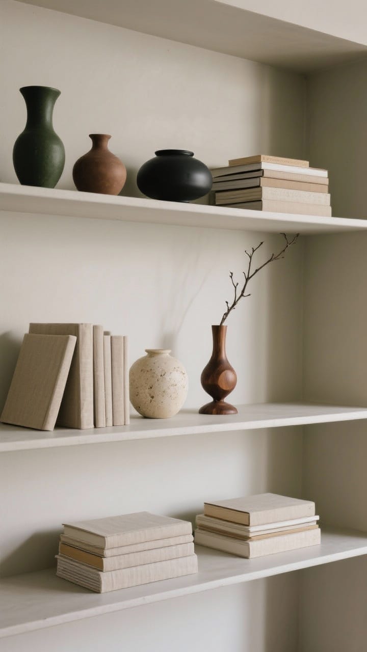 Medium shelf vignette edited with negative space: open shelves styled with plenty of empty space, a stack of linen-bound neutral books, matte ceramic vessels in cream and stone, a small wood sculpture, and one tall branch in a slim vase; neutrals with hints of deep green and brown; varied heights, balanced grouping.