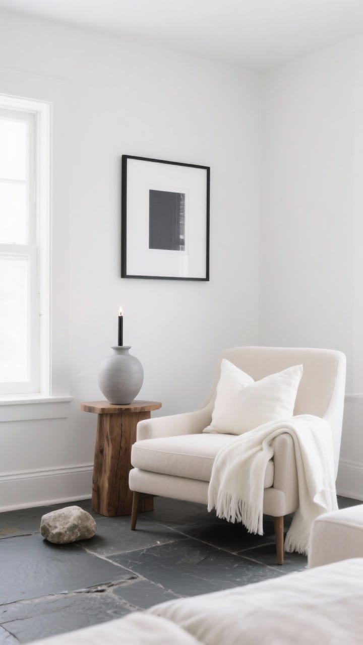 Medium shot of a serene living area embracing winter whites: soft white walls, light oatmeal armchair, ivory throw and cream pillows, pale gray ceramic vase on a natural wood side table, diffused winter light, calm and crisp.