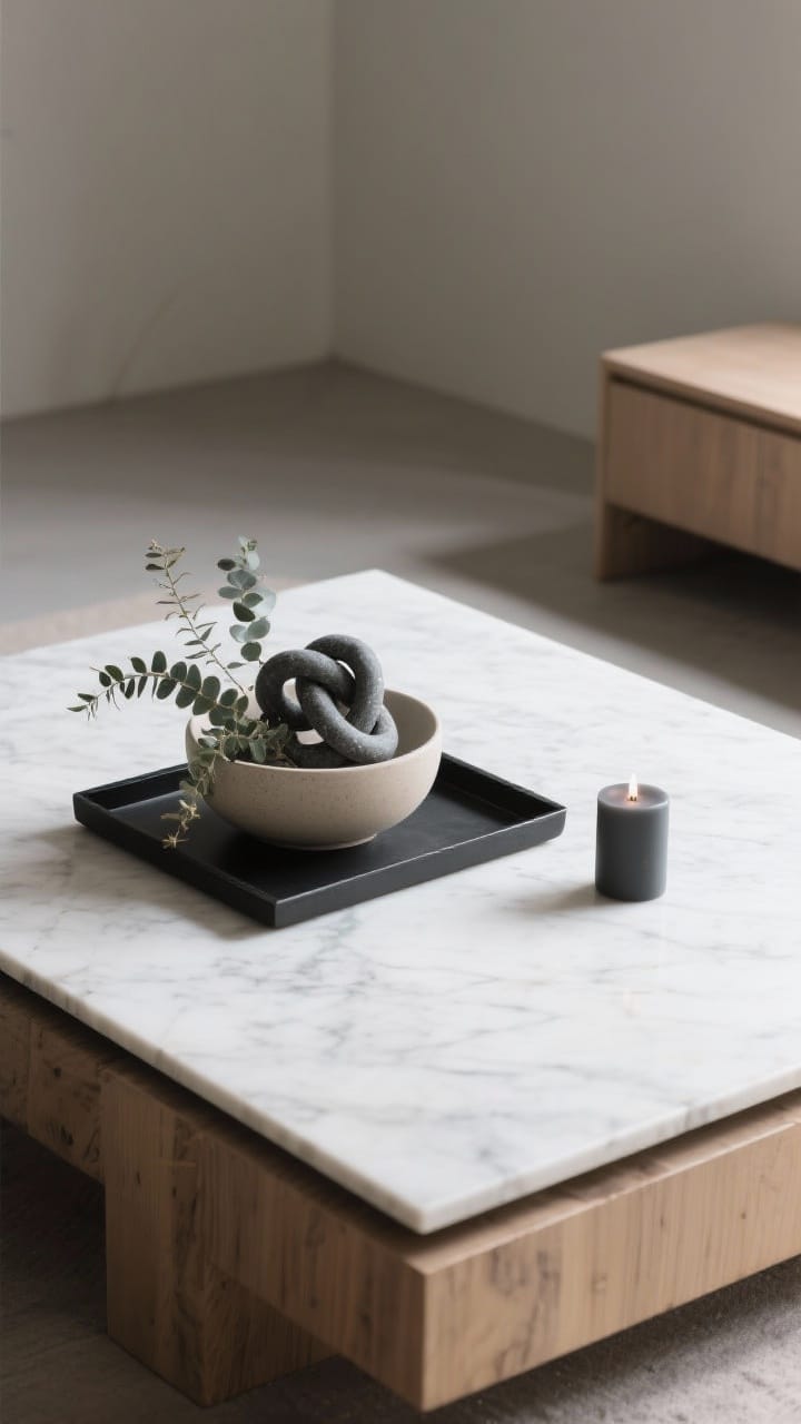 Overhead detail shot of a restraint-first coffee table styling: a rectangular black metal tray holding a matte stone knot sculpture, a low eucalyptus arrangement in a pale ceramic bowl, and a single matte candle; generous negative space, soft side lighting, minimal and elevated.