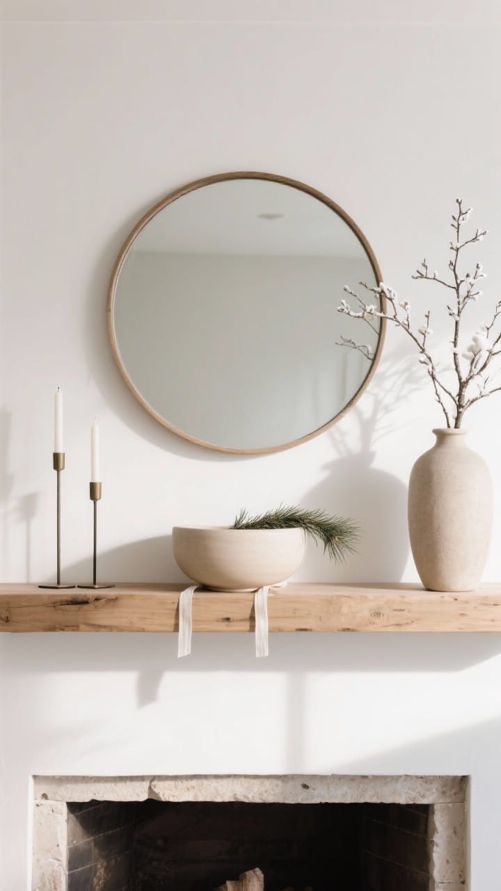 Straight-on medium shot of a minimal mantel moment: a large round mirror anchoring the scene, two slim candlesticks on one side, a tall neutral vase with winter branches on the other, a smooth pale ceramic bowl centered; white wall, natural wood mantel, soft afternoon light.