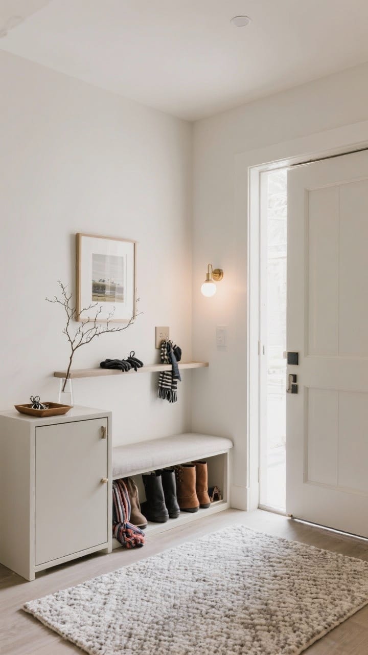 Wide shot of a simplified entryway with a boutique hotel feel: a closed storage bench hiding shoes and scarves, a single catchall tray on a slim console, a small wall sconce, a textured rug in a quiet pattern, one framed print and a small branch arrangement; clean lines, airy and uncluttered.