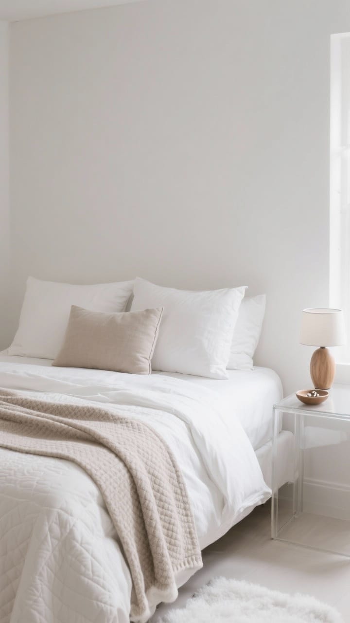 Wide, straight-on shot of a monochrome winter bed: a crisp white duvet layered with a slightly darker ivory-taupe textured blanket, a pillow setup in coordinating tones, a single wood bedside lamp and a tiny jewelry dish on a clear nightstand; soft morning light, serene sanctuary mood.