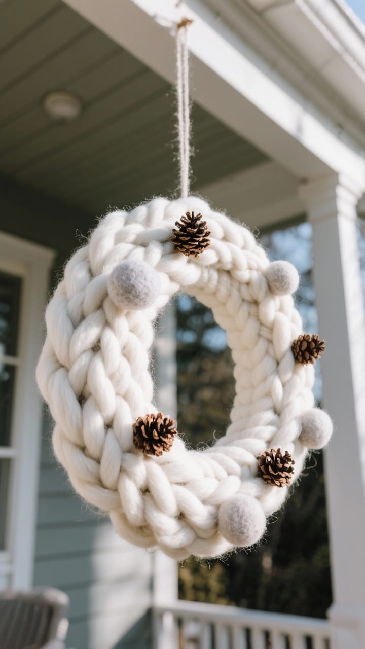 Detail closeup of a cozy chunky yarn wreath wrapped in winter white merino wool with felted wool balls and tiny pinecones, plush tactile texture under a covered porch