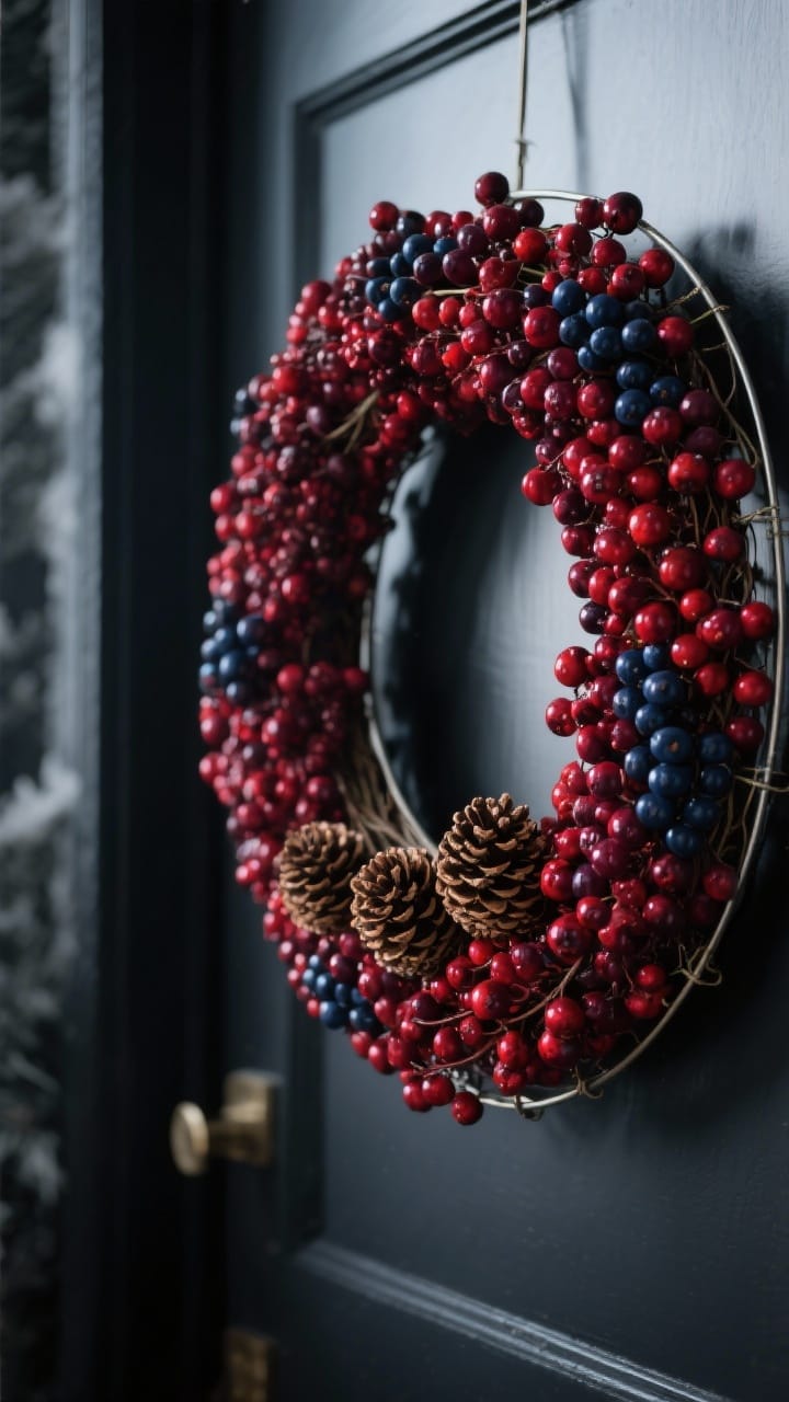 Detail closeup of a dramatic berry wreath on a slim wire base densely filled with deep red and merlot berries with a few navy clusters, three small pinecones on one edge, bold moody palette against a dark door