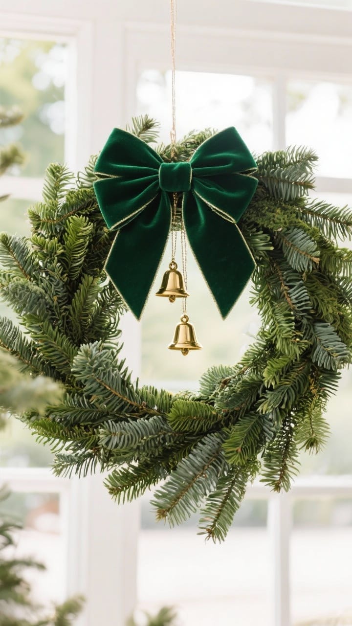 Medium shot of a classic noble fir greenery wreath crowned by an oversized forest green velvet bow with two small gold bell charms, wired ribbon tails draping neatly, timeless luxe mood in soft outdoor light