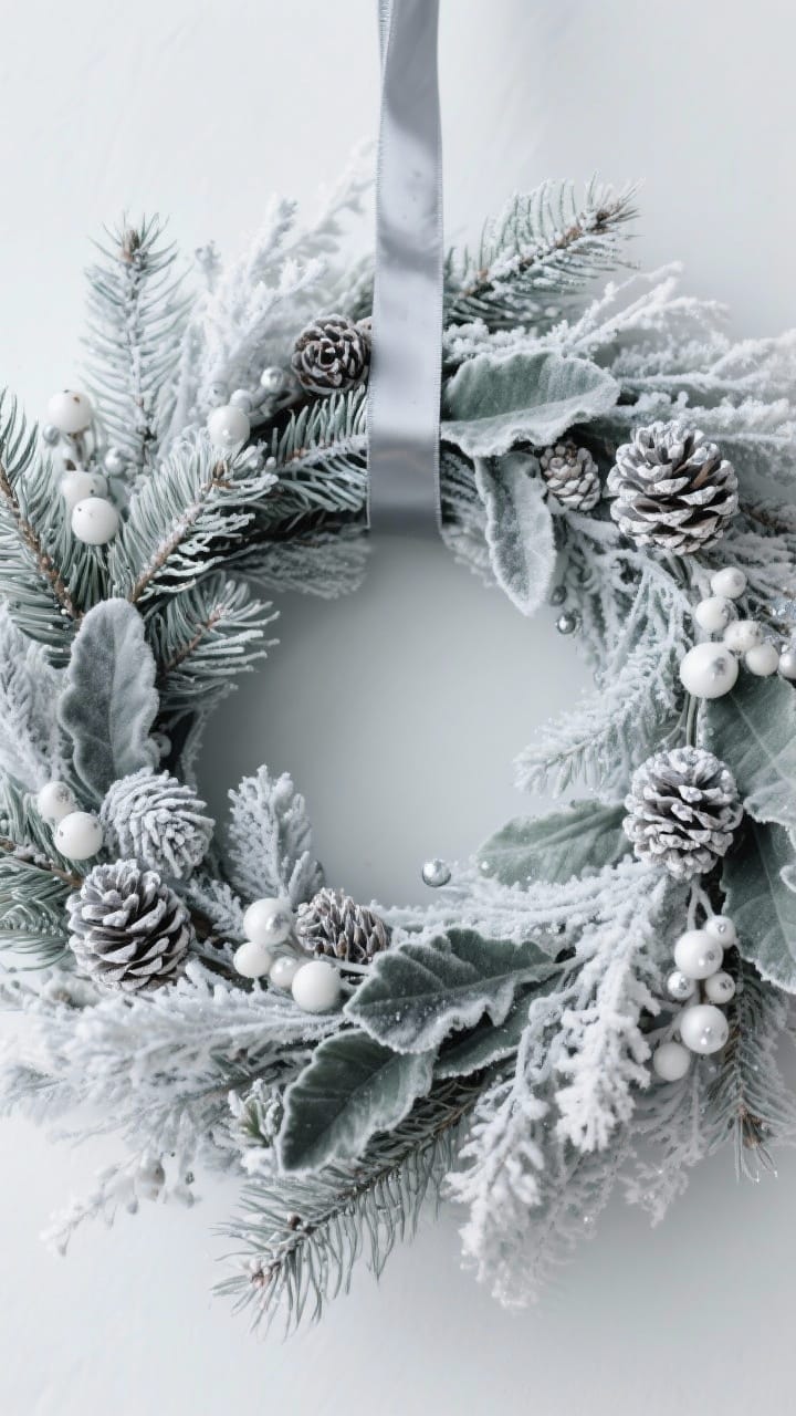 Medium shot of a frosted forest wreath combining flocked pine, dusted cedar and lambs ear with white berries and frosted pinecones, narrow silver-gray ribbon, elegant winter mood without glitter