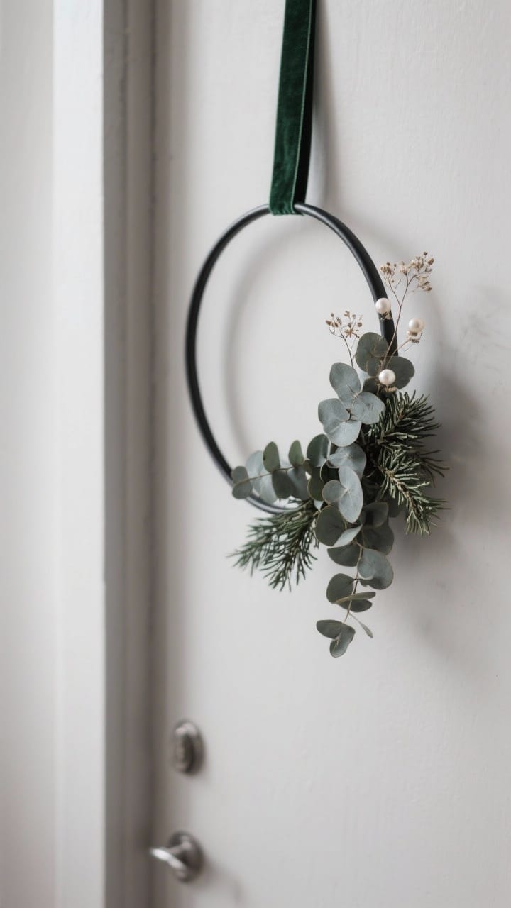 Medium shot of a minimal Nordic metal hoop wreath in matte black, styled asymmetrically with eucalyptus and juniper on one side, finished with a narrow deep green velvet ribbon tail, calm modern mood with soft winter light