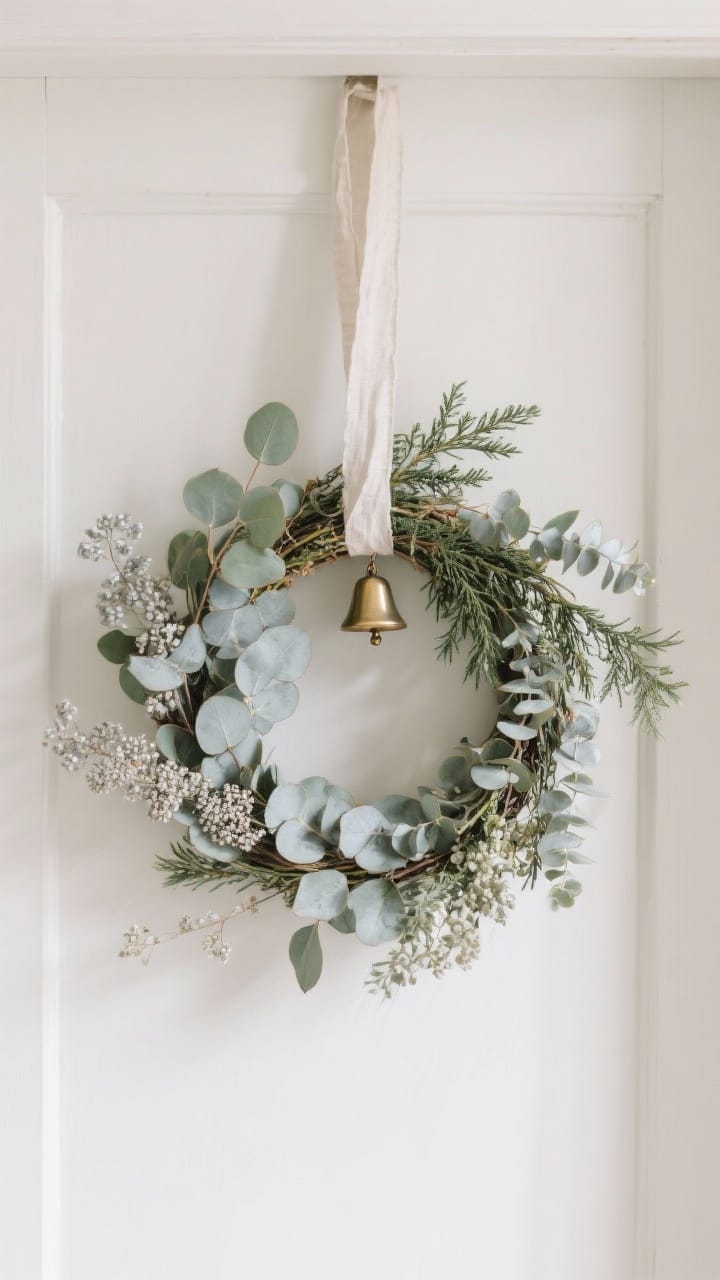 Medium shot of an airy eucalyptus wreath mixing seeded eucalyptus, silver dollar eucalyptus and juniper with open negative space, a linen ribbon tail and a single small brass bell, serene spa-like mood in soft cool light