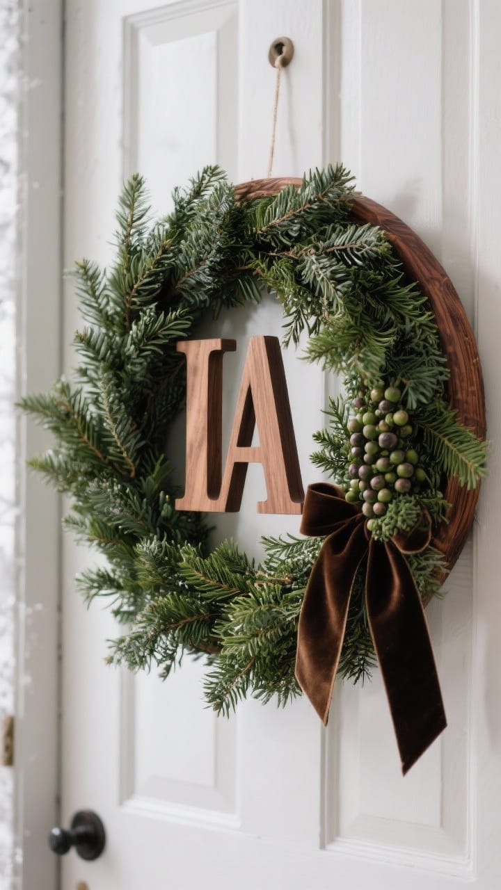 Medium shot of an evergreen monogram wreath, a large wooden letter wrapped tightly with boxwood garland, edges stained walnut, accented with juniper berries and a single velvet ribbon tail on a contrasting door
