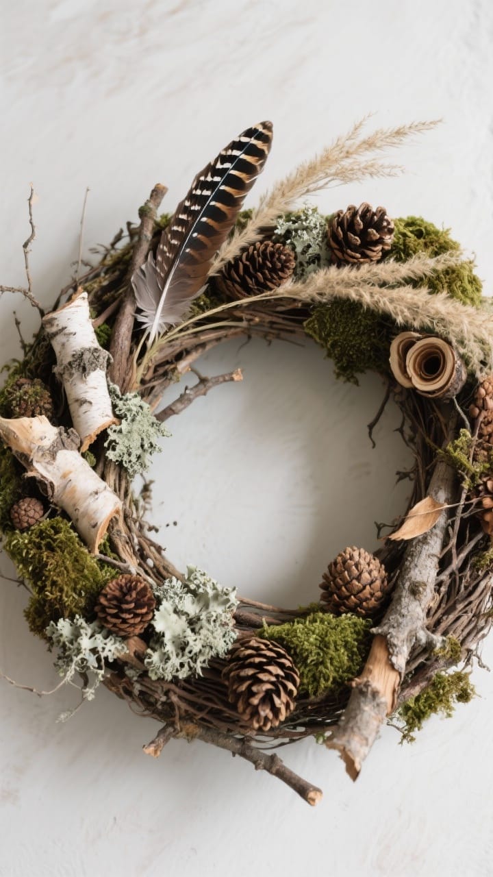 Overhead detail shot of a foraged woodland wreath on a twig base layered with moss, lichen, assorted pinecones and curled birch bark, accented with pheasant feathers and dried grasses, earthy organic textures in cool daylight