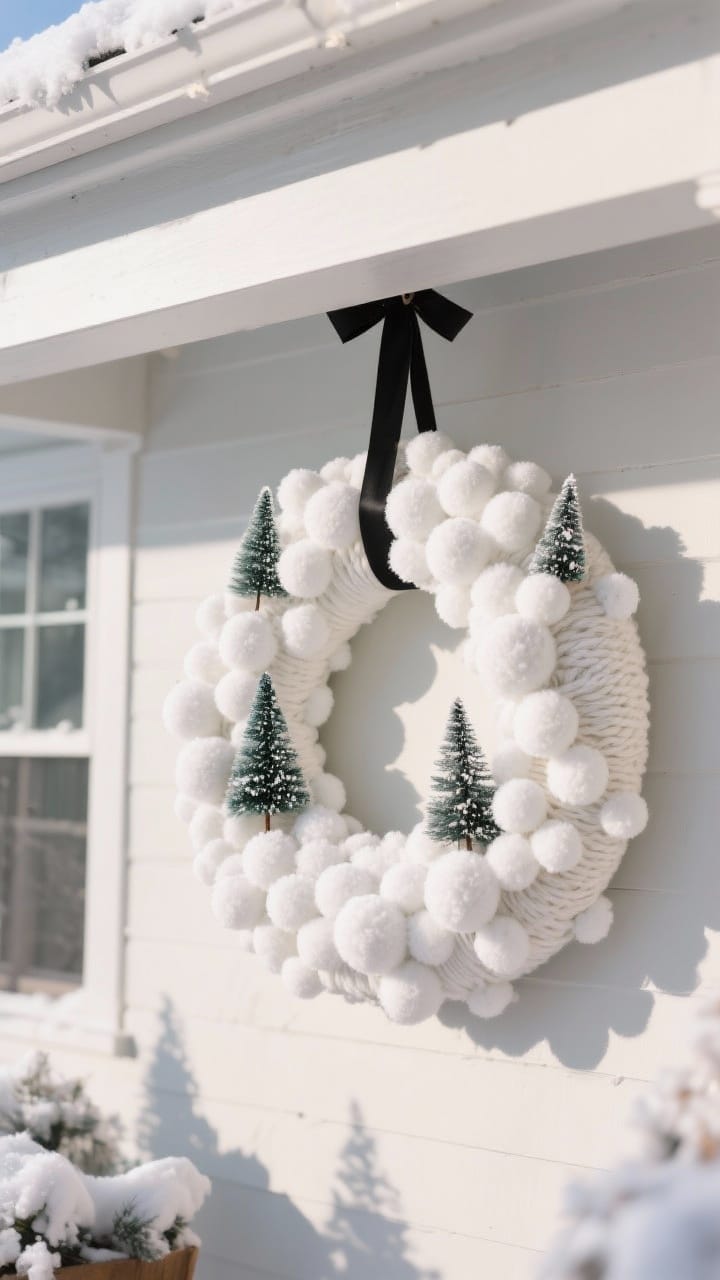 Wide shot of a playful winter wreath covered in white pom-poms of multiple sizes on a yarn-wrapped base with miniature bottlebrush trees, finished with a slim black grosgrain ribbon under a covered porch in bright daylight