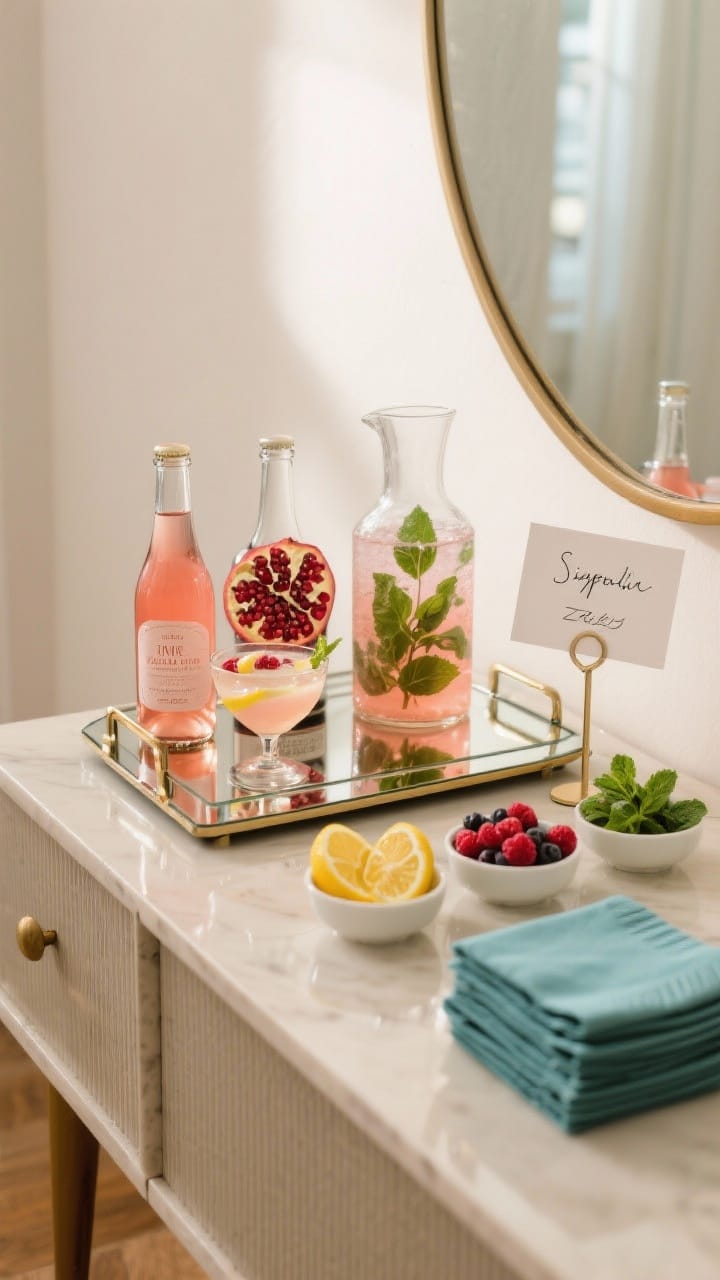 Medium shot of a signature sip station on a side console: a mirrored tray corralling bottles for a rosé spritz and a pomegranate gin fizz, with a zero-proof raspberry basil cooler option in a carafe. Small bowls of lemon twists, berries, and mint arranged neatly; a handwritten drink card on a small stand. A tidy stack of cloth cocktail napkins in a contrasting color. Soft, inviting lighting with glossy reflections on the tray.