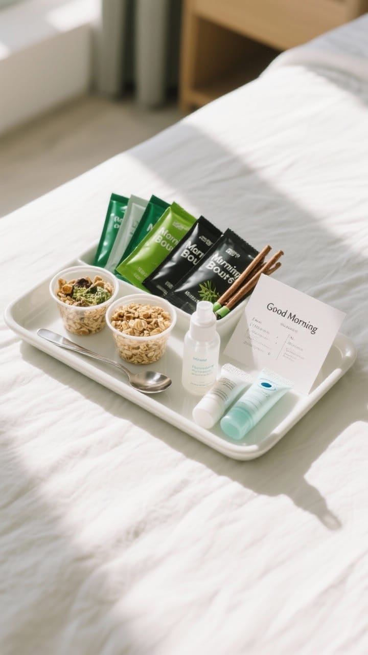Morning boost tray with instant coffee sticks, single-serve pour-over packs, a green, black, and herbal tea assortment, mini granola cups, oatmeal packets, and a small Good Morning card in bright daylight