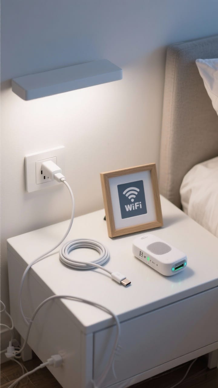 Tech and comfort guest room setup on a nightstand with a universal charging cable, a USB wall plug, a small sound machine, an outlet extender, and a Wi-Fi card in a chic frame