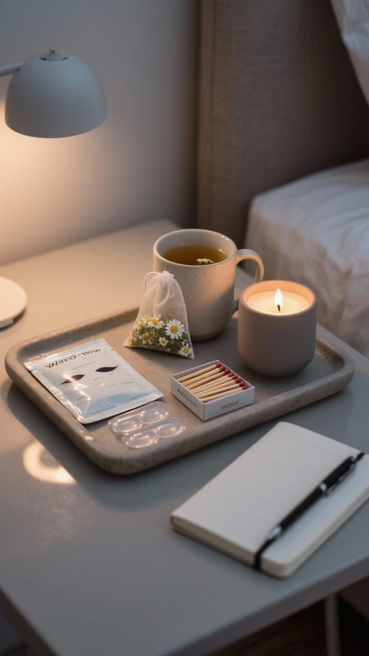 Wind-down ritual vignette on a bedside tray with a chamomile tea sachet, a ceramic mug, a sheet mask, a small unscented candle with wooden matches, and a slim journal and pen