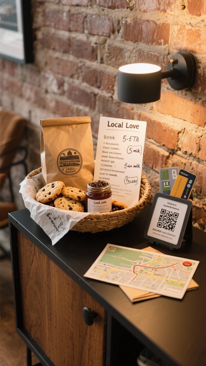Local Love guest basket on a console with artisan cookies, a jar of local jam, a bag of coffee beans, a printed list of favorite cafes, a transit card, and a folded mini map