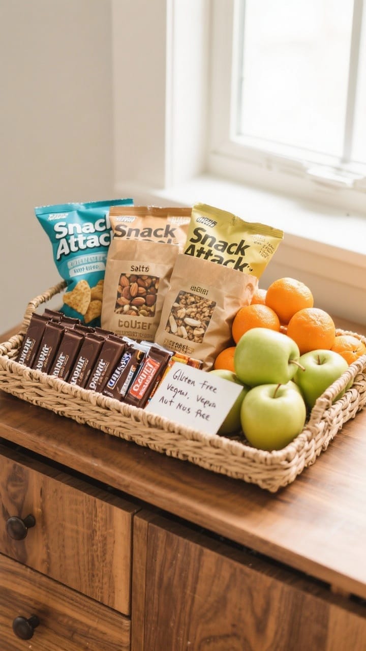 Guest room snack basket on a dresser tray with individual chips, mixed nuts, mini chocolate bars, granola bars, and fresh apples and mandarins in warm daylight