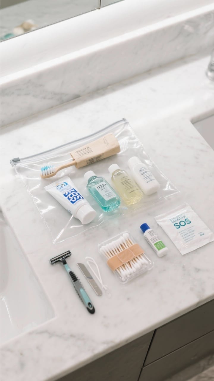 Bathroom SOS clear zip pouch on a white vanity holding travel-size toothpaste, toothbrush, mini shampoo and conditioner, lotion, a razor, bandages, and pain reliever
