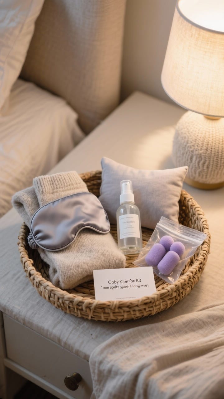 Cozy guest room welcome basket comfort kit in a neutral seagrass basket on a linen nightstand with plush slipper socks, a gray silk eye mask, lavender pillow spray, and earplugs