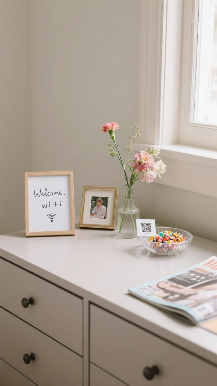 Personal touches on a dresser with a handwritten welcome note, a small photo frame, a single stem in a bud vase, and a glass dish of candy in soft window light