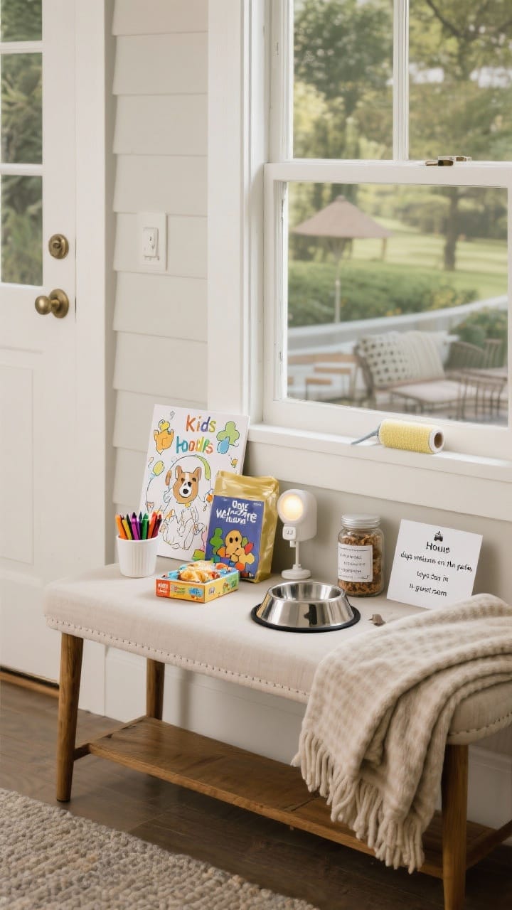 Kid and pet friendly guest perks on a bench with a coloring book, crayons, a puzzle, a nightlight, and a storybook on one side, and a collapsible water bowl, treats, and a folded blanket on the other