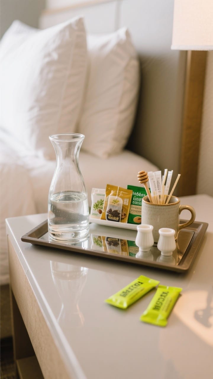 Guest room hydration station on a tray with a glass water carafe, herbal and caffeinated tea bags, instant coffee packets, honey sticks, and electrolyte packets in soft morning light