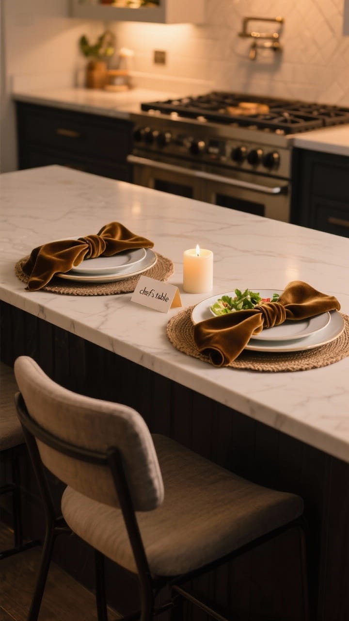 Intimate medium shot: A two-person “chef’s table” setup at the end of an island—layered place settings with a charger, dinner plate, and salad plate; cloth napkins tied with a velvet ribbon as a napkin ring; a single tapered candle centered between seats; personalized place cards tucked under plates; warm task lighting from nearby stove enhancing a date-night mood.