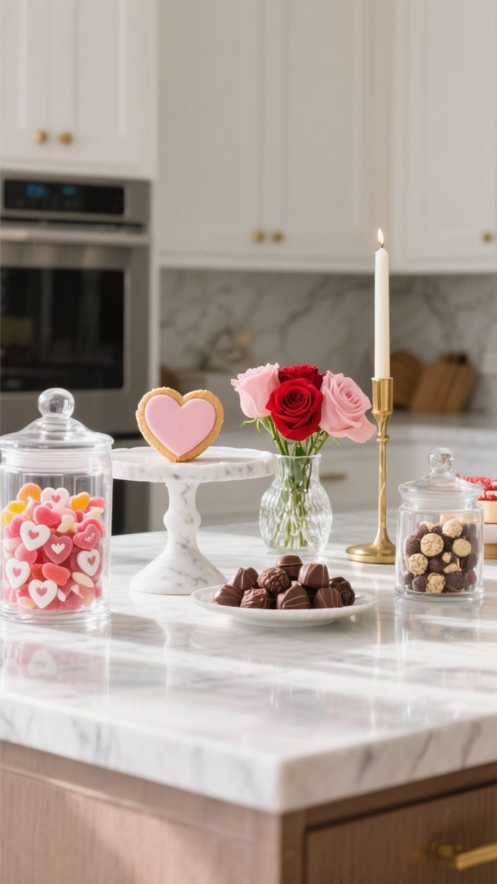 Medium shot: A kitchen island styled as a Valentine’s dessert bar with clear glass apothecary jars filled with gummies, conversation hearts, and chocolate truffles; a white marble cake stand topped with heart-shaped cookies; a petite vase of red and blush roses and a tall tapered candle in a gold holder adding height; clean, uncluttered styling with soft afternoon light glinting off glass.