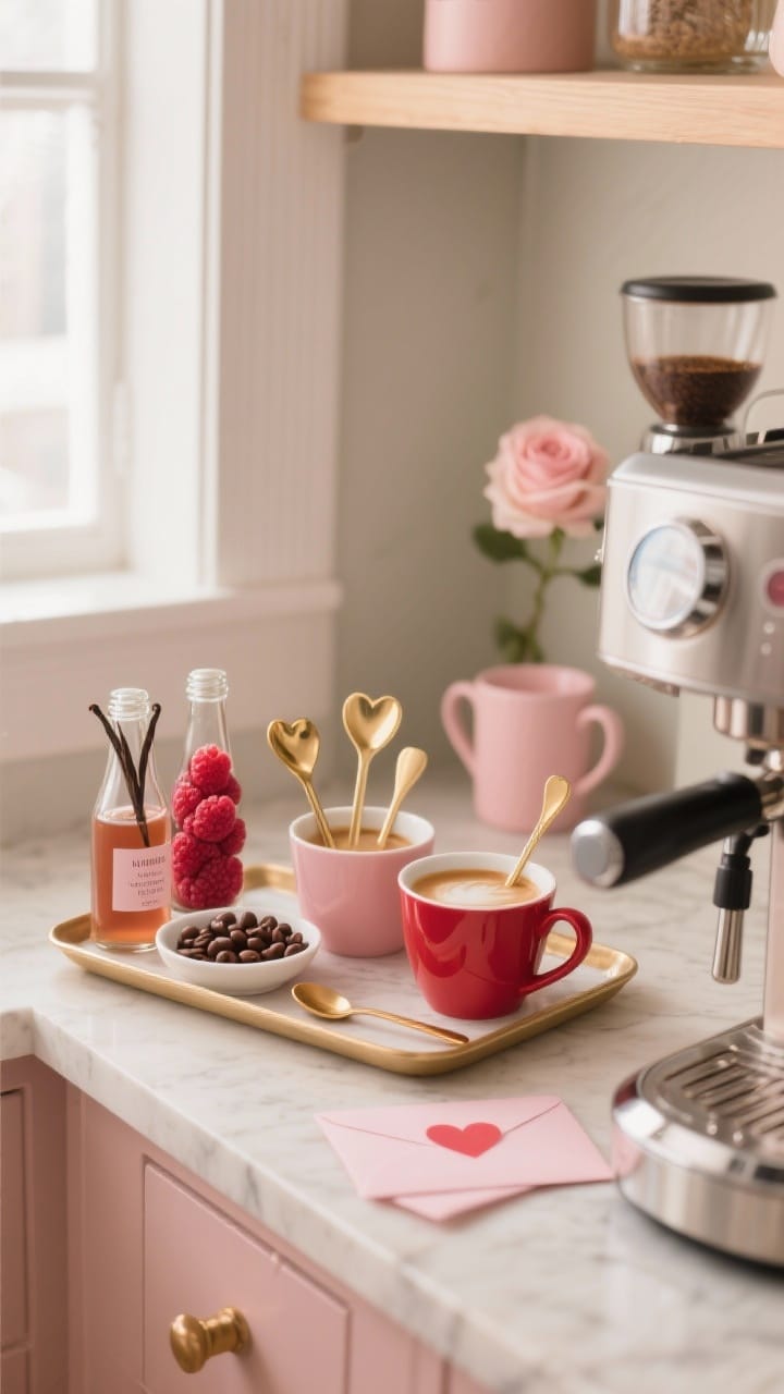 Medium shot, coffee nook: A Valentine’s coffee corner on a small tray beside an espresso machine; blush and ruby mugs, heart-shaped spoons, a small dish of chocolate-covered espresso beans, and glass bottles of vanilla, raspberry, and rose syrups; gold and acrylic stirrers in a cup; styled straight-on with cozy morning light for a love-letter latte vibe.