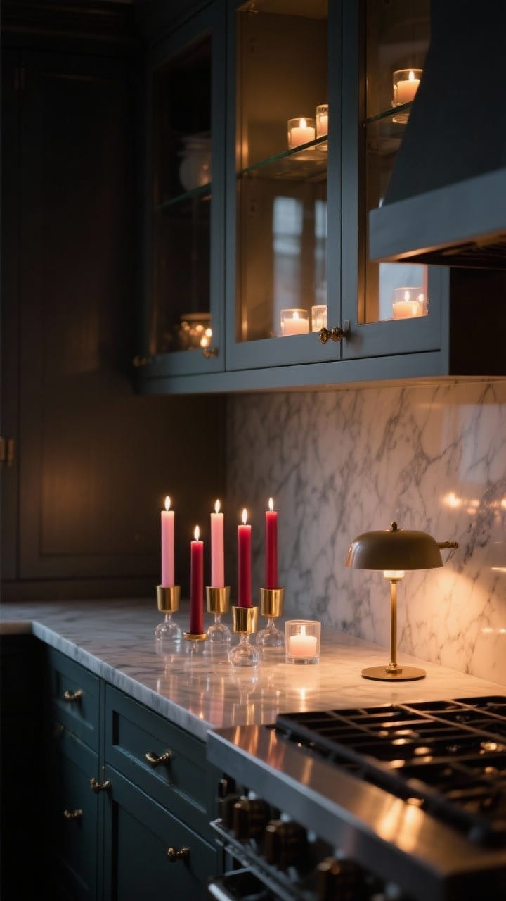 Wide, moody lighting: A dimly lit kitchen vignette with layered candlelight—unscented tea lights twinkling inside glass-door cabinets, colored tapers in blush and oxblood set in brass and clear holders along the counter, and a small table lamp casting a warm glow; reflective marble and matte metals catching the soft light, creating a romantic, safe ambiance.