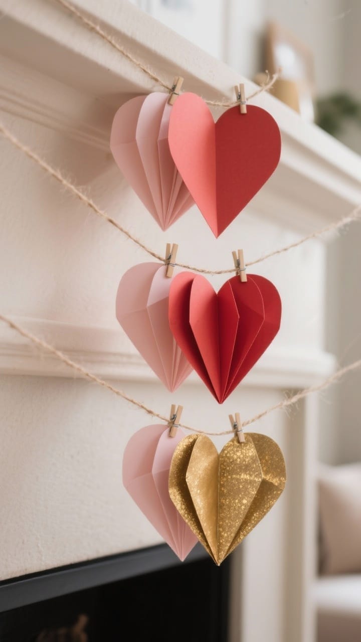 Photorealistic closeup of a flirty 3D folded heart garland: pairs of double-sided cardstock hearts in blush, cherry red, dusty rose, and metallic gold, each heart folded down the center and fanned into a 3D shape, strung on twine with tiny micro clothespins for adjustable spacing; softly lit mantle backdrop in a neutral living room, shallow depth of field emphasizing the layered paper textures and subtle gold shimmer