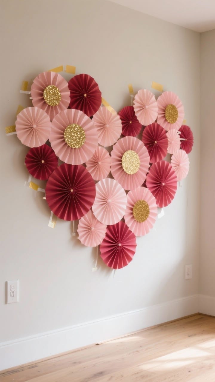 Wide wall shot of a photo-ready statement: oversized paper rosettes arranged to form a soft heart-shaped cluster; rosettes in coordinated blush, cranberry, and gold tones with glitter or foil centers; subtle painter’s tape guide removed, rosettes slightly overlapping for a lush effect; mounted with Command strips on a neutral wall; a nearby floor catching soft light, perfect selfie station ambiance without people