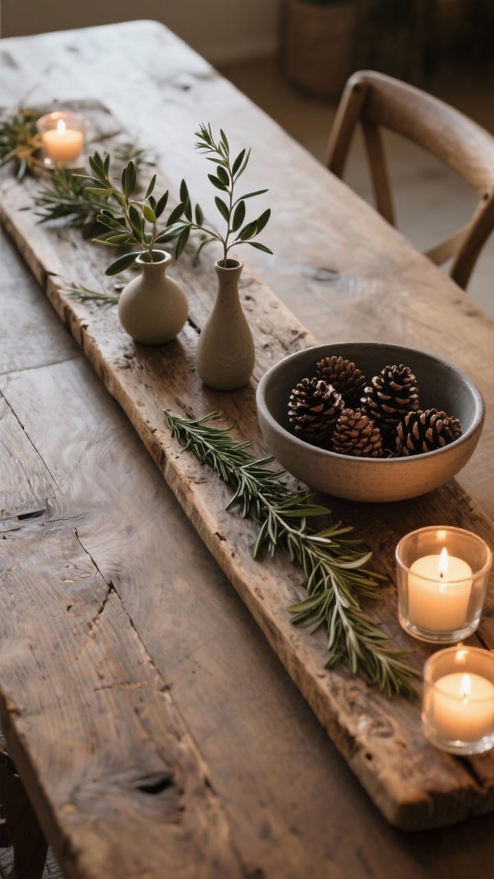 Angled overhead medium shot of a rustic breadboard centerpiece: a long weathered wood board with olive branches and rosemary sprigs tucked along the edges, a couple of small bud vases, a matte ceramic bowl filled with pinecones, and low glass votives. Warm, casual atmosphere, easy to slide away; soft evening candlelight with visible greenery texture.