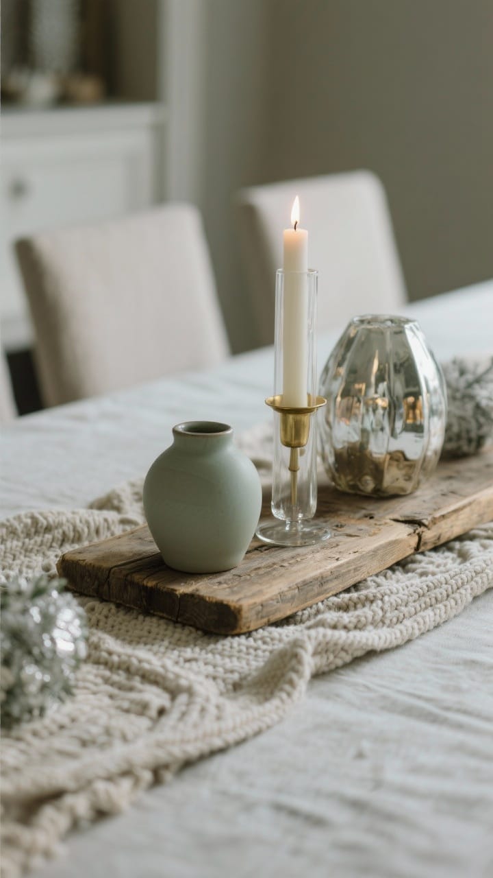 Closeup detail shot of a winter table centerpiece layering textures: a chunky natural linen runner topped with a reclaimed wood board, a matte ceramic vase beside a clear glass taper holder with an ivory candle, and a hint of brass and mercury glass accent. Tight neutral palette with one muted accent color (soft sage). Soft evening glow reflecting in the glass.