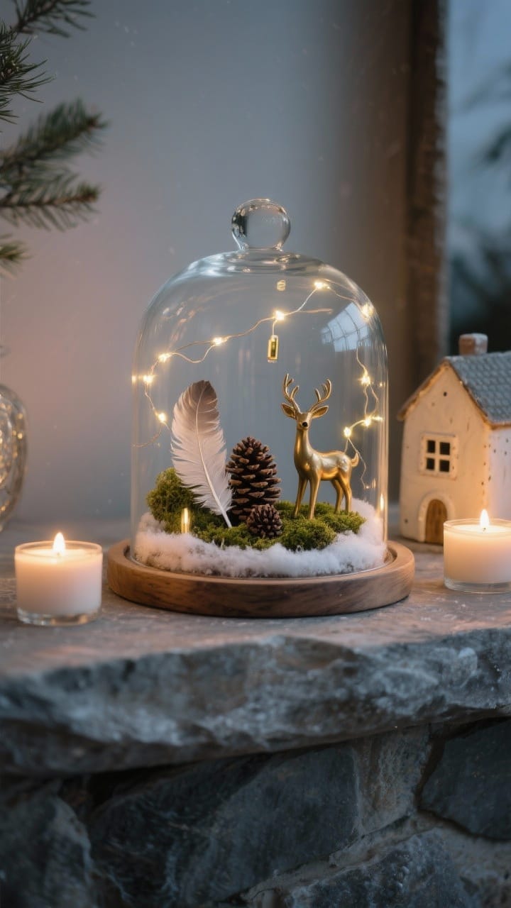 Closeup of a glass cloche on a stone or wood base, housing curated winter curiosities: a small bed of moss with pinecones, a delicate feather, and a tiny brass deer beside a ceramic mini house. A micro strand of battery fairy lights twinkles softly inside. Two low votives flank the cloche. Photorealistic, whimsical yet grown-up, intimate evening glow.