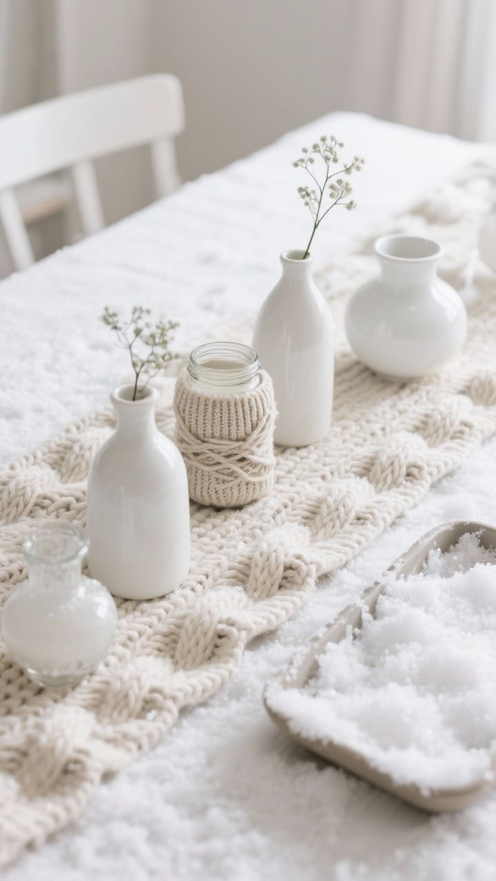 Closeup vignette of an all-white snowy centerpiece: an oat-colored cable-knit runner, mixed white-on-white vessels (matte ceramic bud vases and glossy milk glass), a knit-wrapped jar, and a shallow tray with a contained sprinkle of faux snow. Keep everything low and tight, cozy hygge mood, bright but soft winter morning light to avoid a clinical feel.