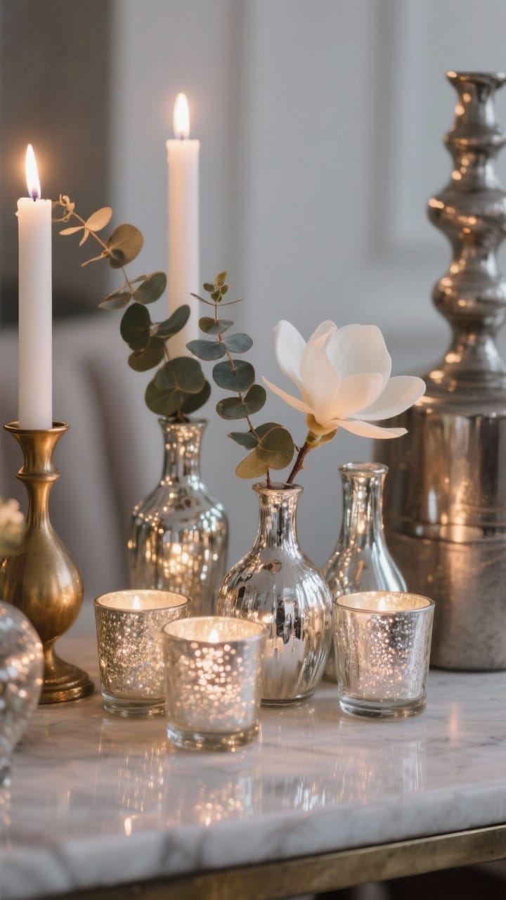 Medium closeup of clustered mercury glass pieces: three to five votives and small bud vases grouped together, paired with a few eucalyptus sprigs and magnolia leaves. Mixed metals nearby (brushed brass and pewter accents) for layered shine. Soft white candles lit, gentle sparkle under warm ambient evening light, glam but understated.