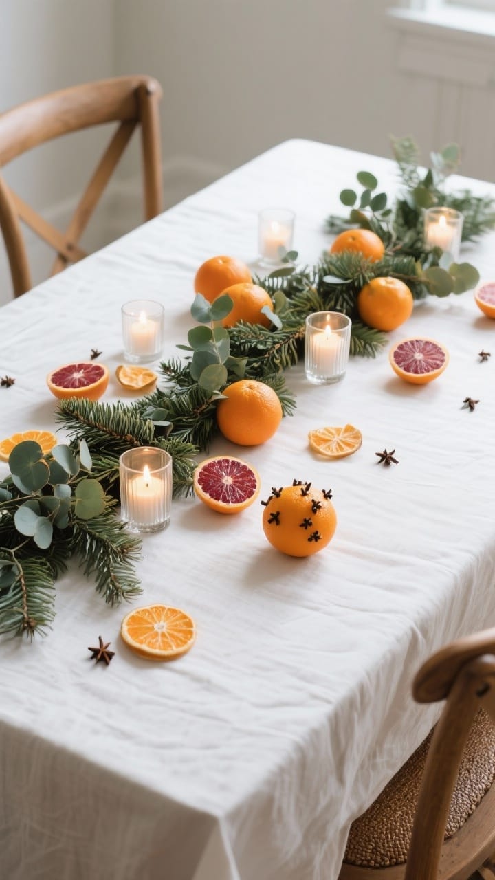 Medium overhead shot of a dining table center styled with fresh evergreens casually garlanded (cedar and eucalyptus), scattered whole clementines and blood oranges, a few dried orange slices, and low unscented tea lights in clear votives. Include a couple of clove-studded oranges for pomander detail. Natural afternoon light, crisp, aromatic, effortless classic mood.