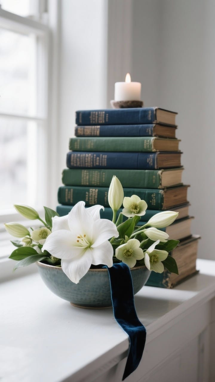 Medium shot of vintage books in winter tones (navy and hunter green) stacked to lift a shallow floral arrangement of white amaryllis and hellebores in a low bowl. A velvet ribbon bookmark peeks out for a subtle detail. No candles; understated elegance. Gentle afternoon window light, background neutral to highlight the bookish, wintry palette.