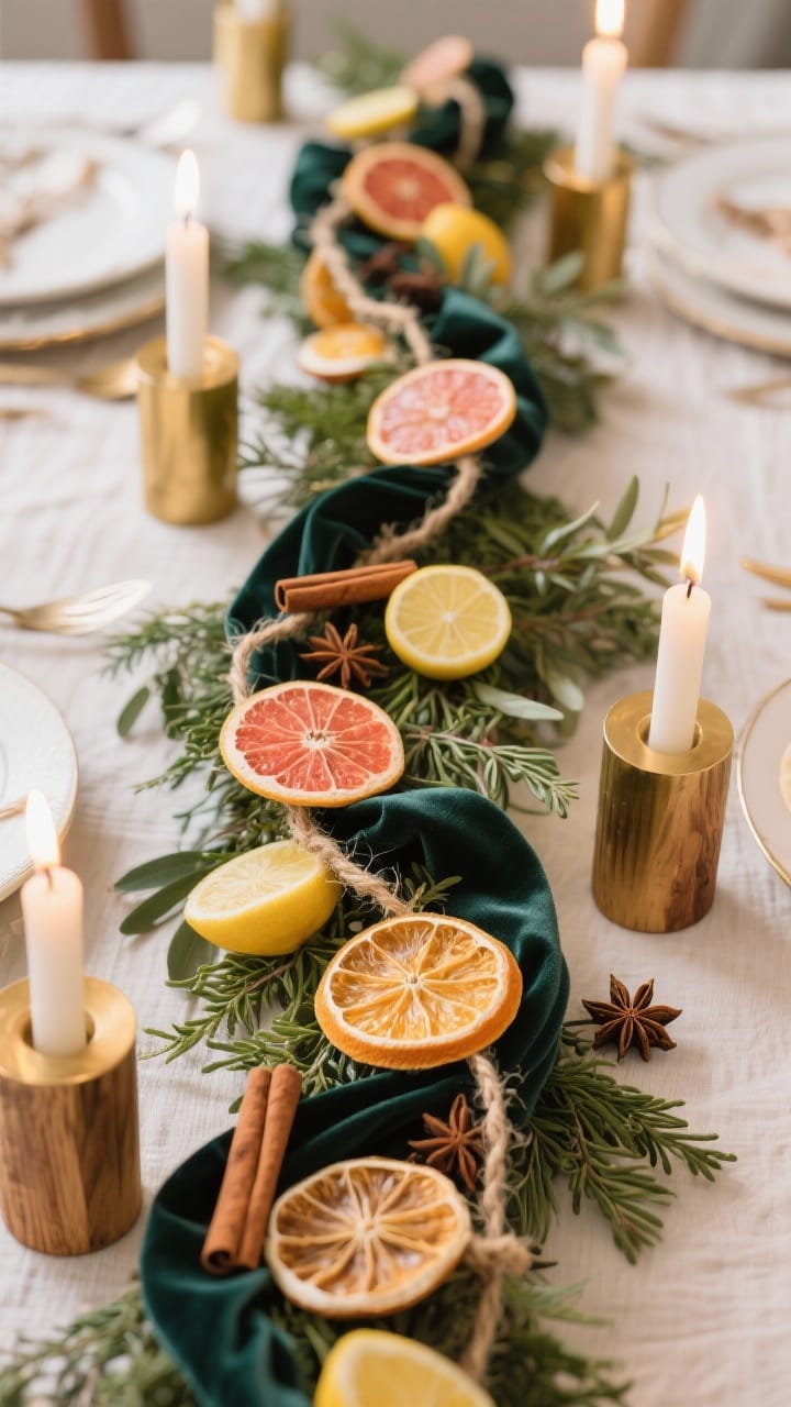 Overhead detail shot of a dried citrus garland styled down the table center: thin slices of oranges, lemons, and grapefruit threaded on twine and velvet ribbon, layered over fresh greenery, with cinnamon sticks and star anise tucked in. Interspersed gold and wood candleholders with lit candles add glow. Cheerful, artisanal vibe, warm ambient lighting.